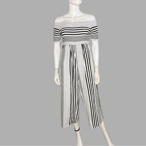 Hers & Mine Black and White Striped Smock Off The Shoulder Jumpsuit